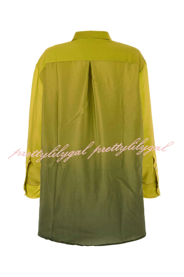 Moonlit Waltz Gradient Print Button Up Long Sleeve Loose Blouse