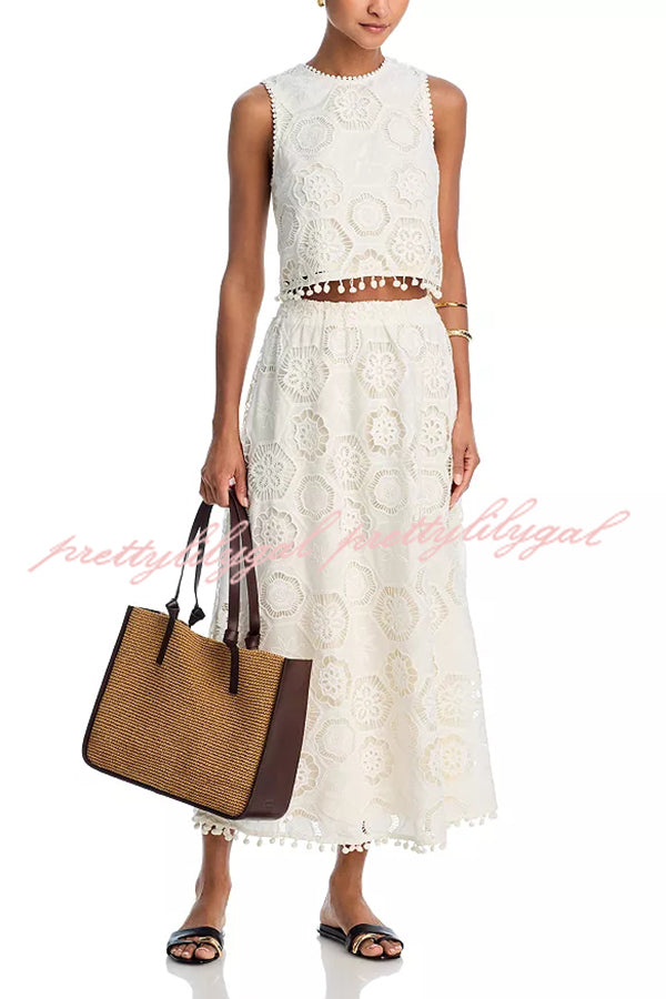 Nice Try Embroidered Crochet Lace Tassle Trim Elastic Waist Midi Skirt