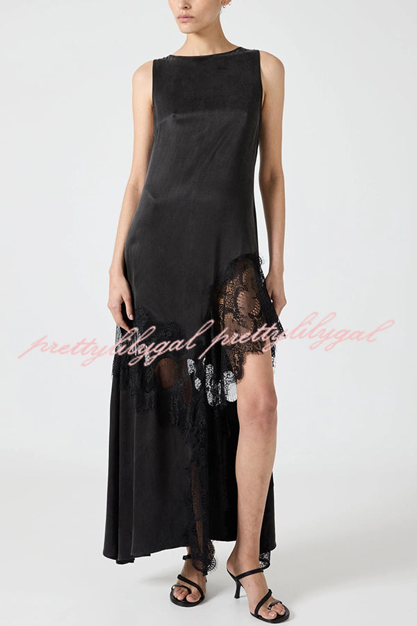 Pretty Soul Satin Lace Trim Wide Neck Irregular Hem Slit Maxi Dress