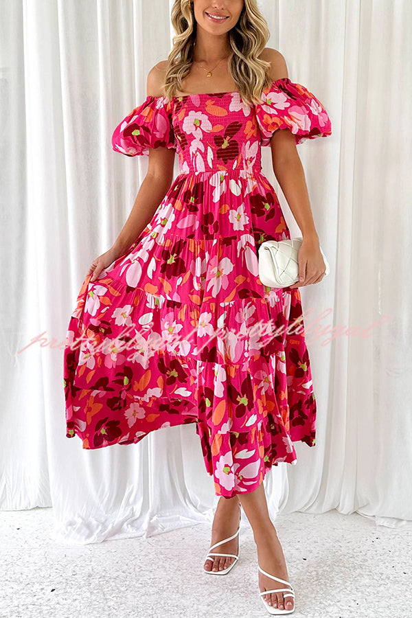 Petal Princess Unique Print Smocked Waist Puff Sleeve Midi Dress