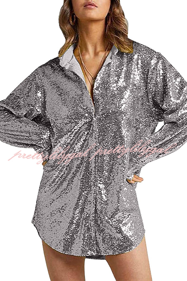 Solid Color Sequined Long-sleeved Casual Mid-length Loose Shirt