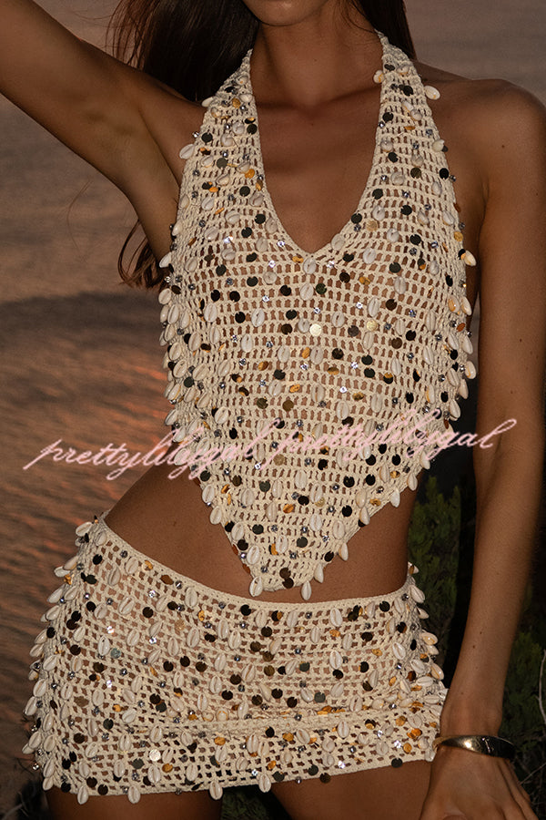 Sexy Halter Back Shell Sequined Top and Fitted Beach Mini Skirt Set
