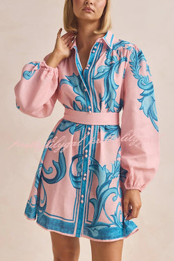 Botanical Print Lapel Puff Sleeve Vintage Belt Loose Mini Dress