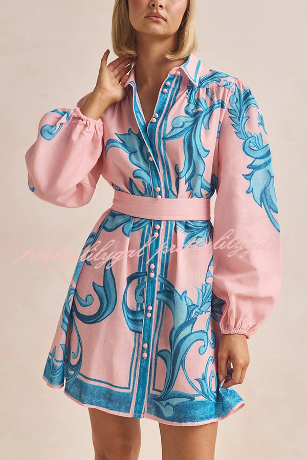 Botanical Print Lapel Puff Sleeve Vintage Belt Loose Mini Dress