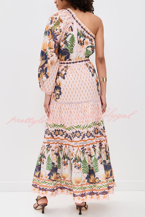 Dream Garden Unique Print One Shoulder Elastic Waist Pocket Maxi Dress