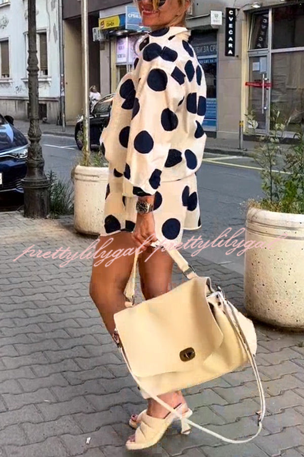 Giselle Linen Blend Polka Dot Print Lapel Long Sleeve Shirt and Elastic Waist Pocket Shorts Set