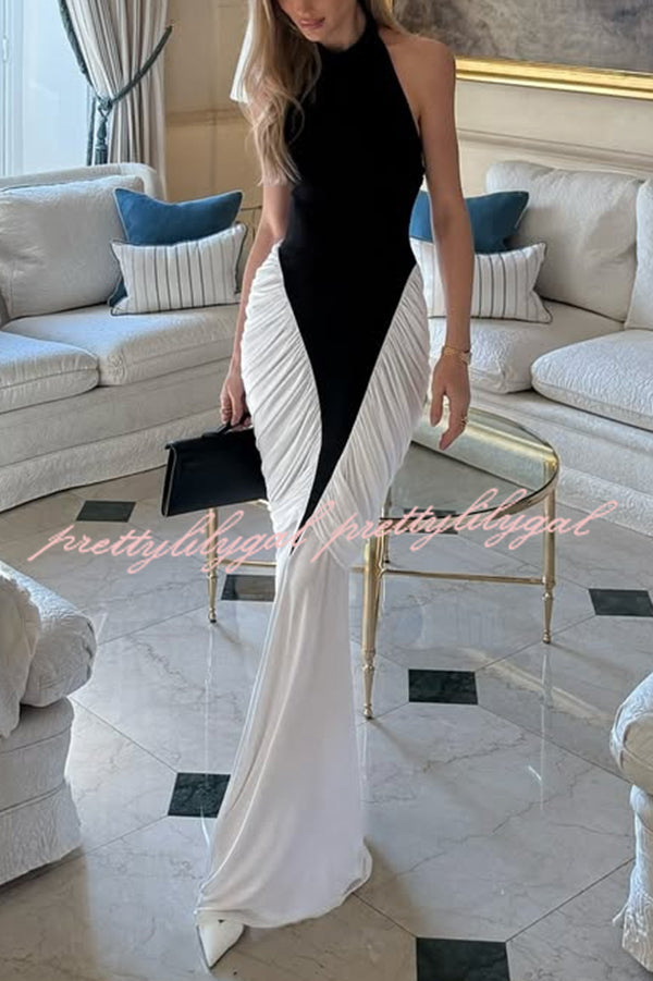 Fashionable Contrast Color Open Back Side Pleated Draped Maxi Dress