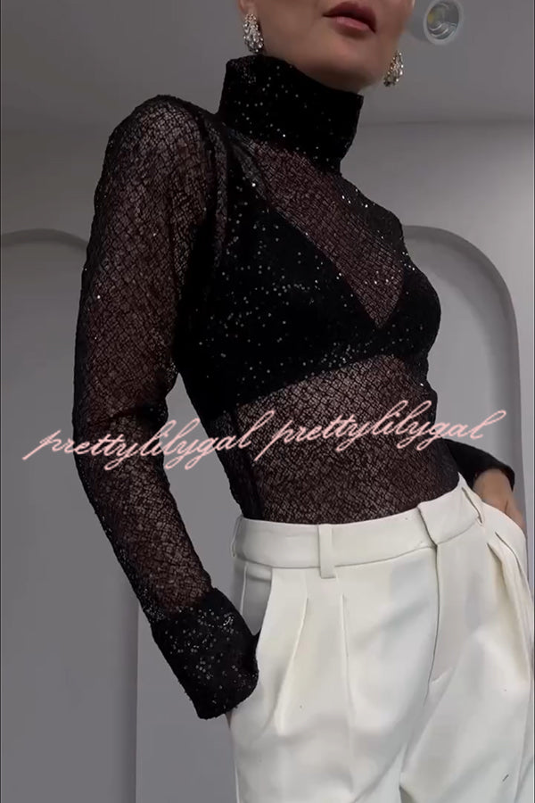 Shimmering Twilight Sequin Turtleneck Long Slit Sleeve H-line Blouse