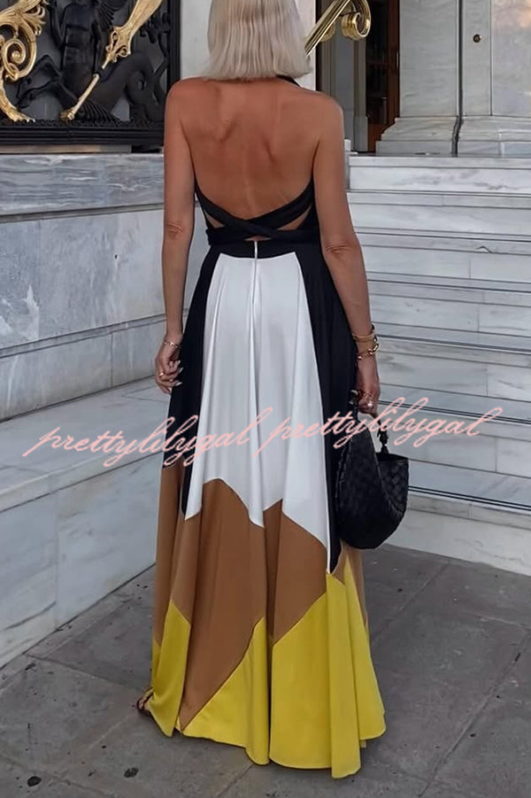 Fashion Colorblock Sexy Backless Tie Waist Full Hem Maxi Dress