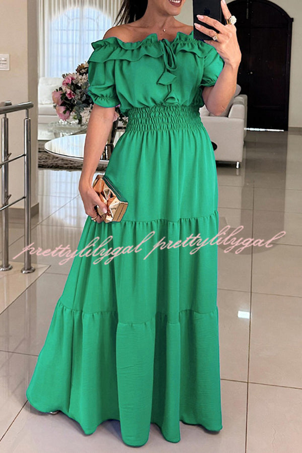 Admit Your Feelings Off Shoulder Smocked Waist Maxi Dress
