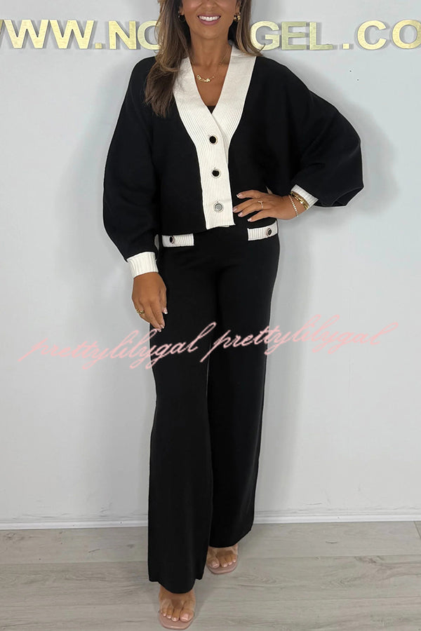 Fashion Contrast Color V-neck Loose Cardigan and Elastic Waist Casual Pants Set