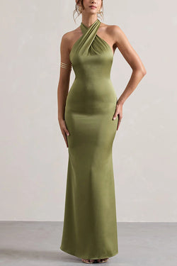 Solid Color Halter Neck Tie Sexy Backless Slim Maxi Dress