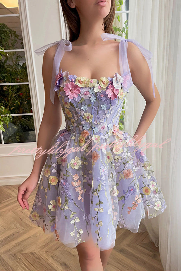 Lavender Floral Lace Up High Waisted Back Zip Mini Dress