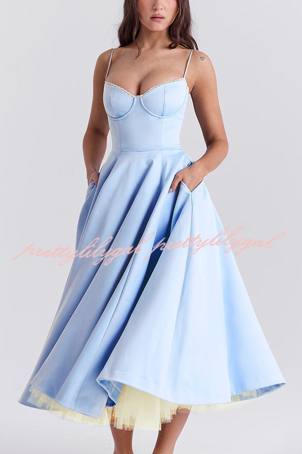 Fairytale Vibe Satin Patchwork Tulle Sweetheart Neck Pocket Stretch Midi Dress