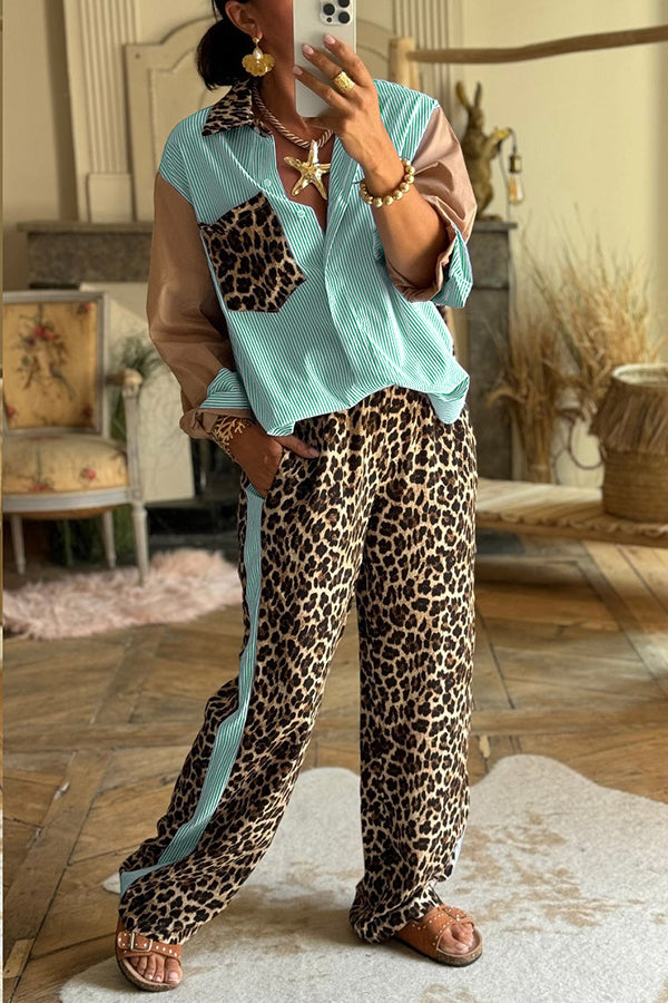 Leopard Print Patchwork Long-sleeved Loose Shirt and Elastic Waist Casual Pocket Wide-leg Pants Set