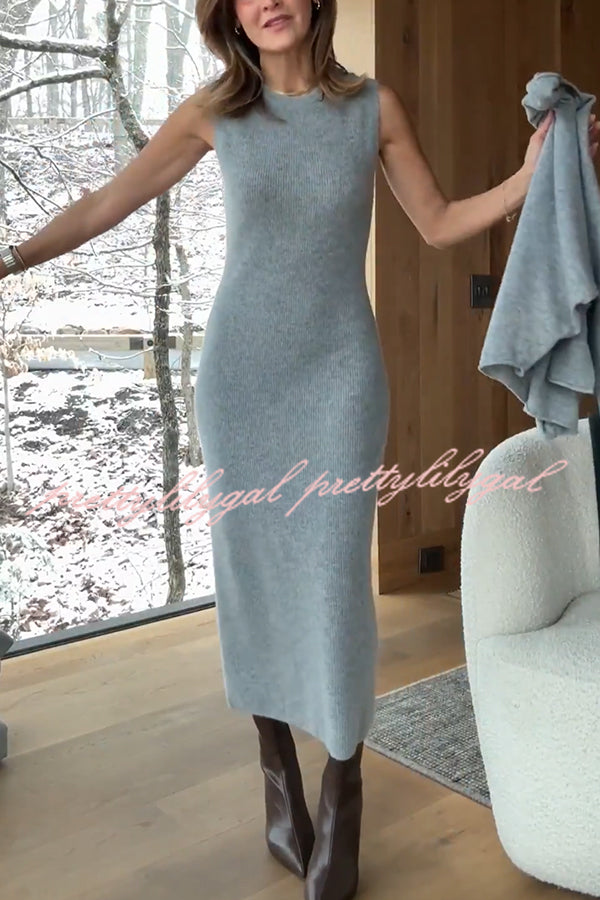 Soft and Warm Cashmere Ribbed Knit Sleeveless Midi Sweater Dress