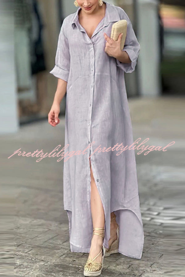 Linen Blend Solid Long Sleeve Buttoned Loose Shirt Style Maxi Dress