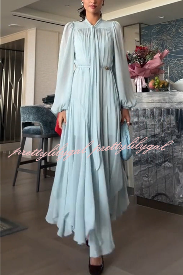 Elegant and Graceful Tie-up Neck Long Balloon Sleeve Handkerchief Midi Dress