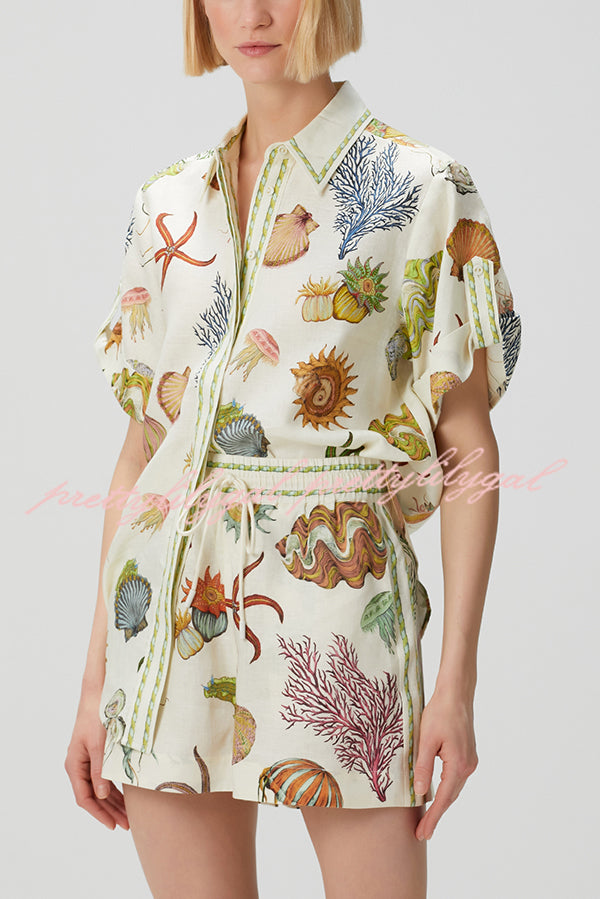 Beach Shell Print Short Sleeve Loose Shirt and Elastic Waist Tie Casual Pocket Shorts Set