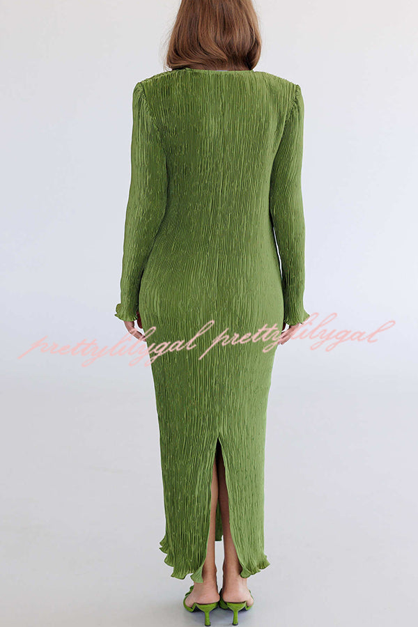 Hansin Satin Pleated Fabric Long Sleeve Wavy Trim H-line Slit Midi Dress