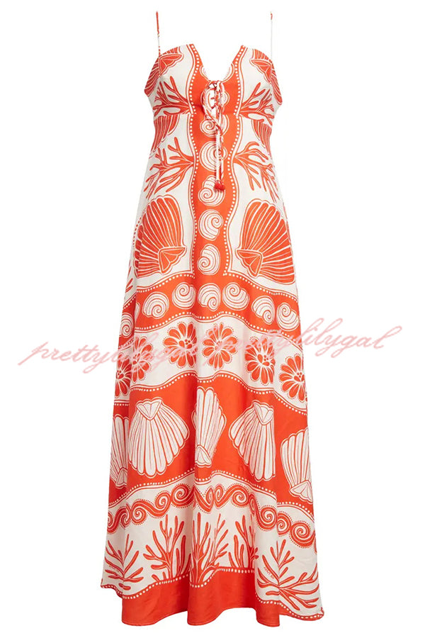 Beautiful Shell Unique Print Front Lace-up Loose  Maxi Dress