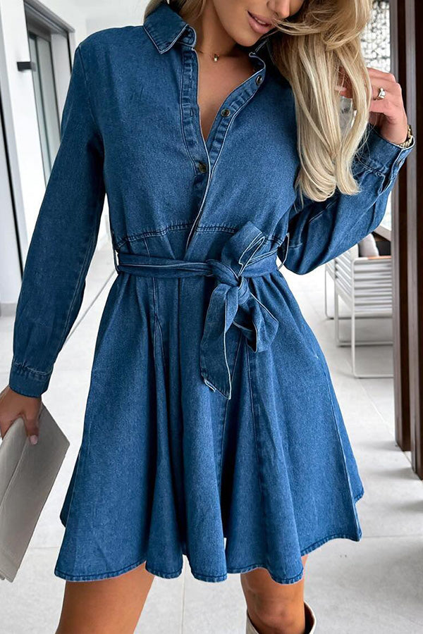 Stylish Long Sleeve Pocket Waist Belted Denim Mini Dress