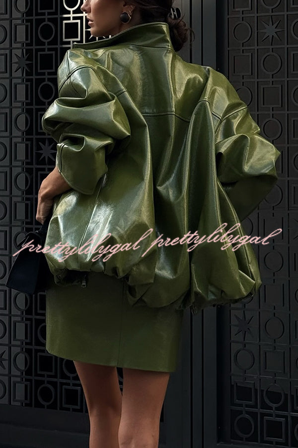Solid Color Loose Long Sleeve Pocket Casual Leather Jacket