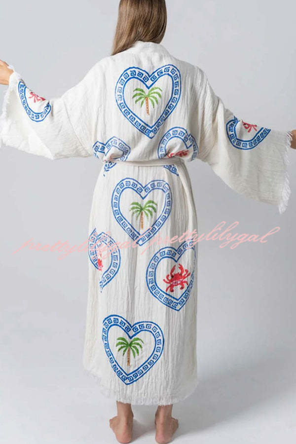 Maia Linen Blend Unique Print Belt Swimwear / Lounge Cover-up Robe