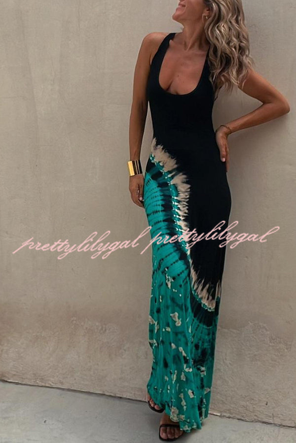 Summer Adventures Tie-dye Print Back Lace-up Stretch Maxi Dress