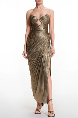 Amisha Metallic Pleated Shell Cups Hollow Gold Pendant Strapless Drape Slit Maxi Dress Amisha Metallic Pleated Shell Cups Hollow Gold Pendant Strapless Drape Slit Maxi Dress