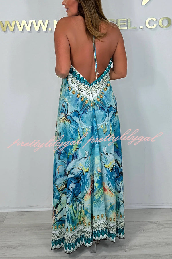 Unique Print V-neck Open Back Loose Maxi Dress