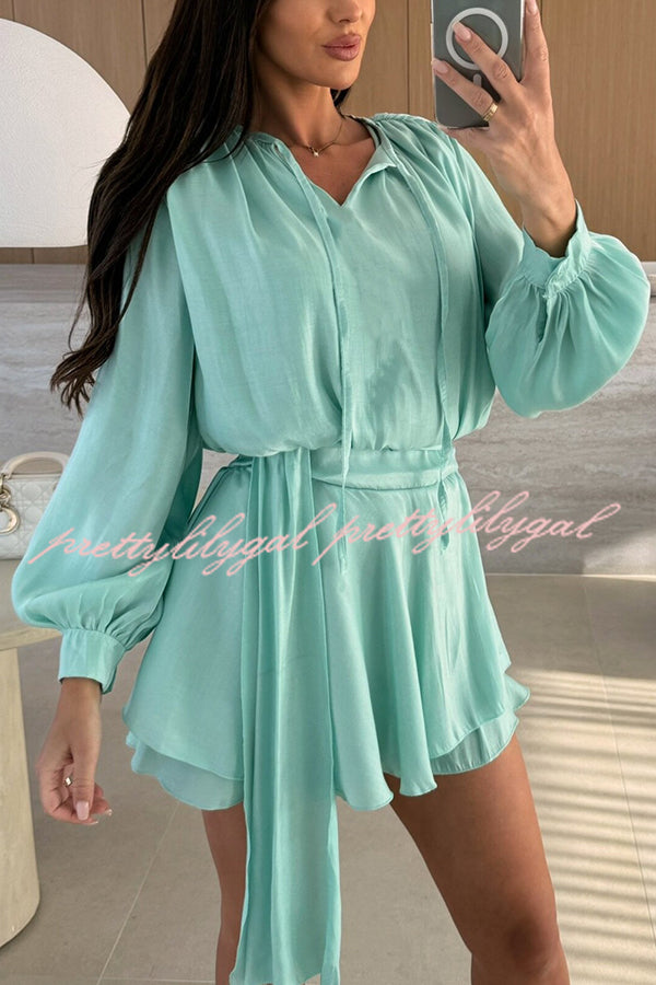 Solid Color V-neck Tie Long Sleeve Waist Mini Dress