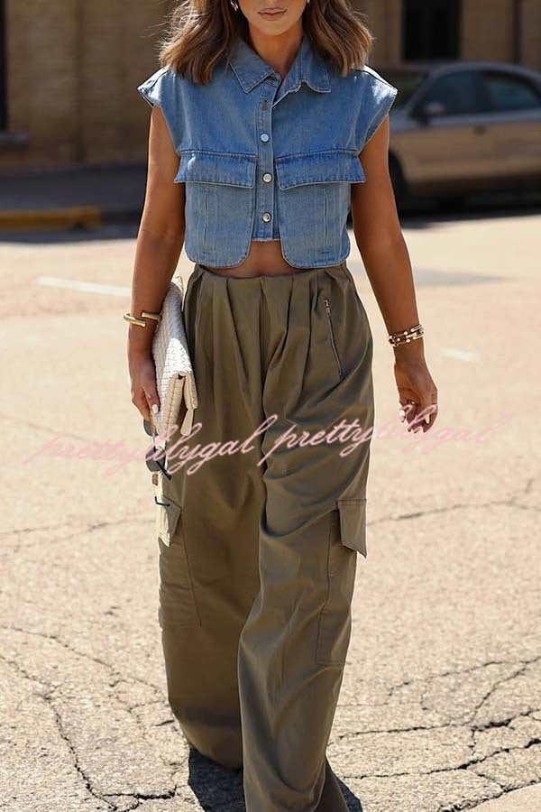 Stylish Weekend Denim Button Up Cape Sleeve Pocket Crop Top