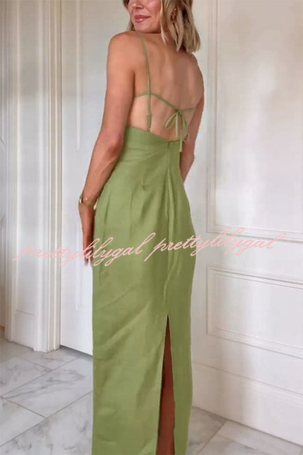 Sharyn Linen Blend Bodice Cutout Back Tie-up Slit Slip Maxi Dress