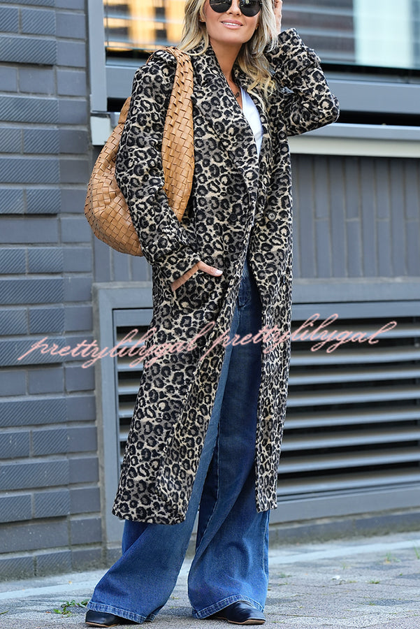 Leopard Affair Animal Print Epaulettes Long Sleeve Pocketed Lapel Midi Trench Coat
