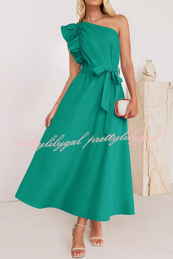 Solid One Shoulder Ruffled Sleeves Tie Waist Maxi Dress