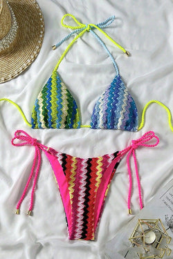 Knit Wave Unique Print Stretch Tie Bikini Swimsuit