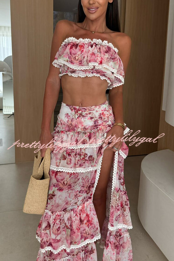 Dakota Floral Lace Trim Crop Tube Top and Layered Slit Maxi Skirt Set