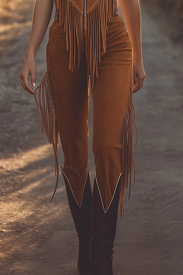 Fashionable Suede Sleeveless Zippered Slim-fit Tassel Casual Jumpsuit