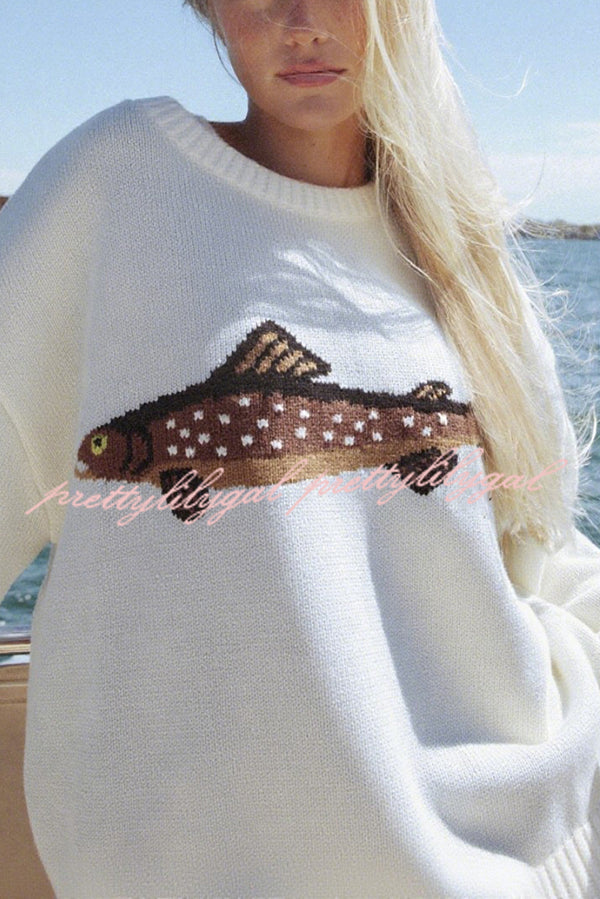 Fashionable Fish Pattern Round Neck Loose Knitted Sweater