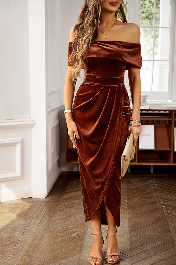 Solid Color Velvet Off-shoulder Slim-fit Elegant Slit Midi Dress