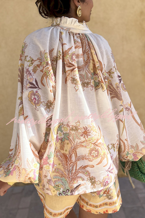 Botanical Print Palace Style Stand-up Collar Lantern Sleeve Loose Top and Casual Shorts Set