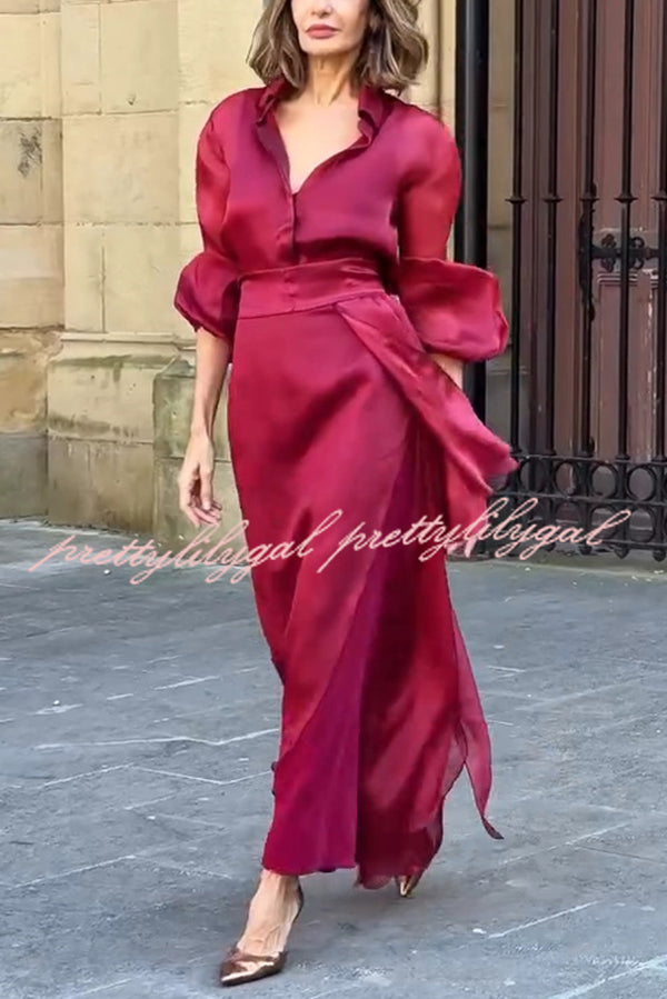 Lily Chiffon Bow Detail Puff Sleeve Blouse and Elegant Layered Maxi Skirt Set