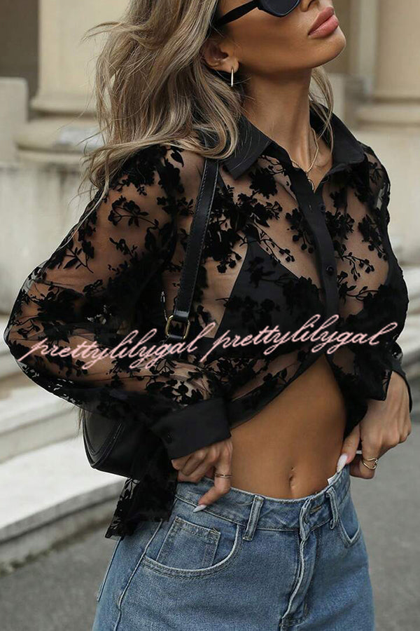 Fashion See-through Plant Lace Long Sleeve Loose Shirt