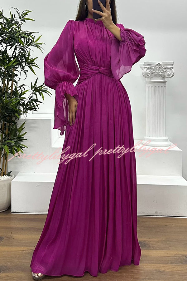 Ellah Shiny Fabric Chinese Stand Collar Twist Waist Balloon Sleeve Maxi Dress