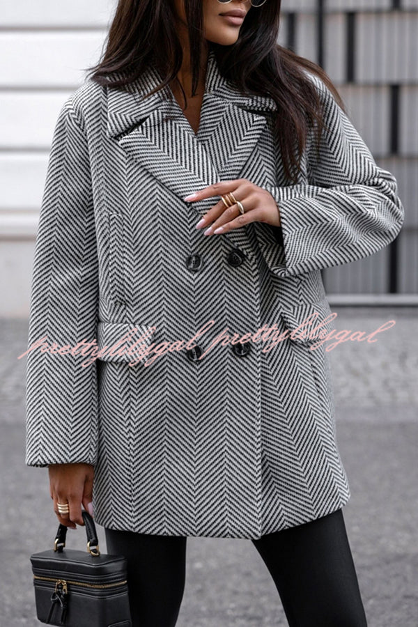 Fashion Stripe Print Lapel Pocket Coat