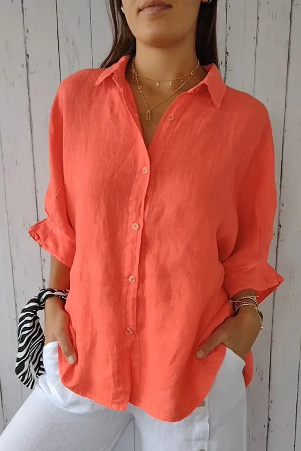 Linen Blend Solid Color Tie Back Loose Shirt Top