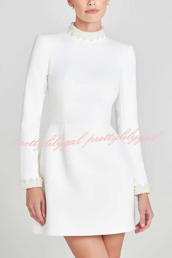 Lovers Kiss Pearl Trim High Neck Long Sleeve Pocketed Tulip Mini Dress