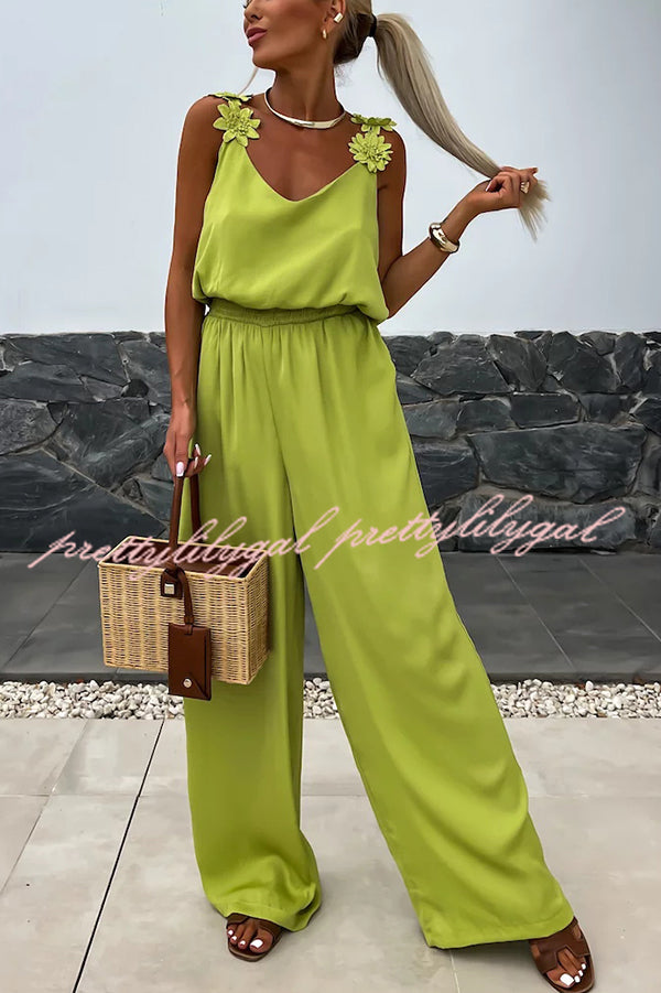 Solid Color Embroidered Flower Suspenders Casual Loose Jumpsuit