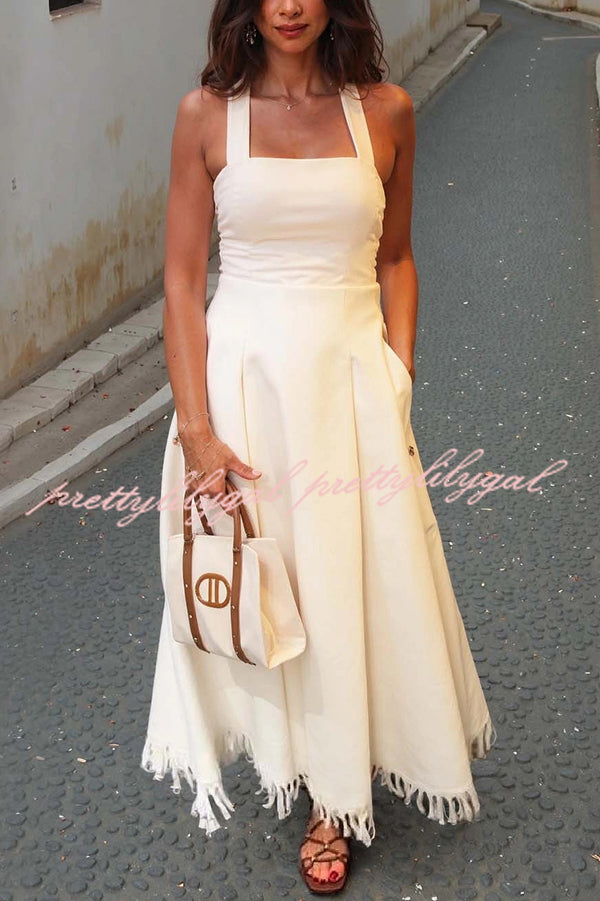 Bohemian Square Neck Pocket Tassel Holiday Maxi Dress